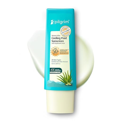 Pilgrim Korean Aloe Cooling Fluid Sunscreen SPF 50+ PA++++ with Hyaluronic Acid | InVivo Tested | No White Cast, Water Resistant| Prevents Tanning | 5°C Cooling Sensation | For All Skin Types - 50ml